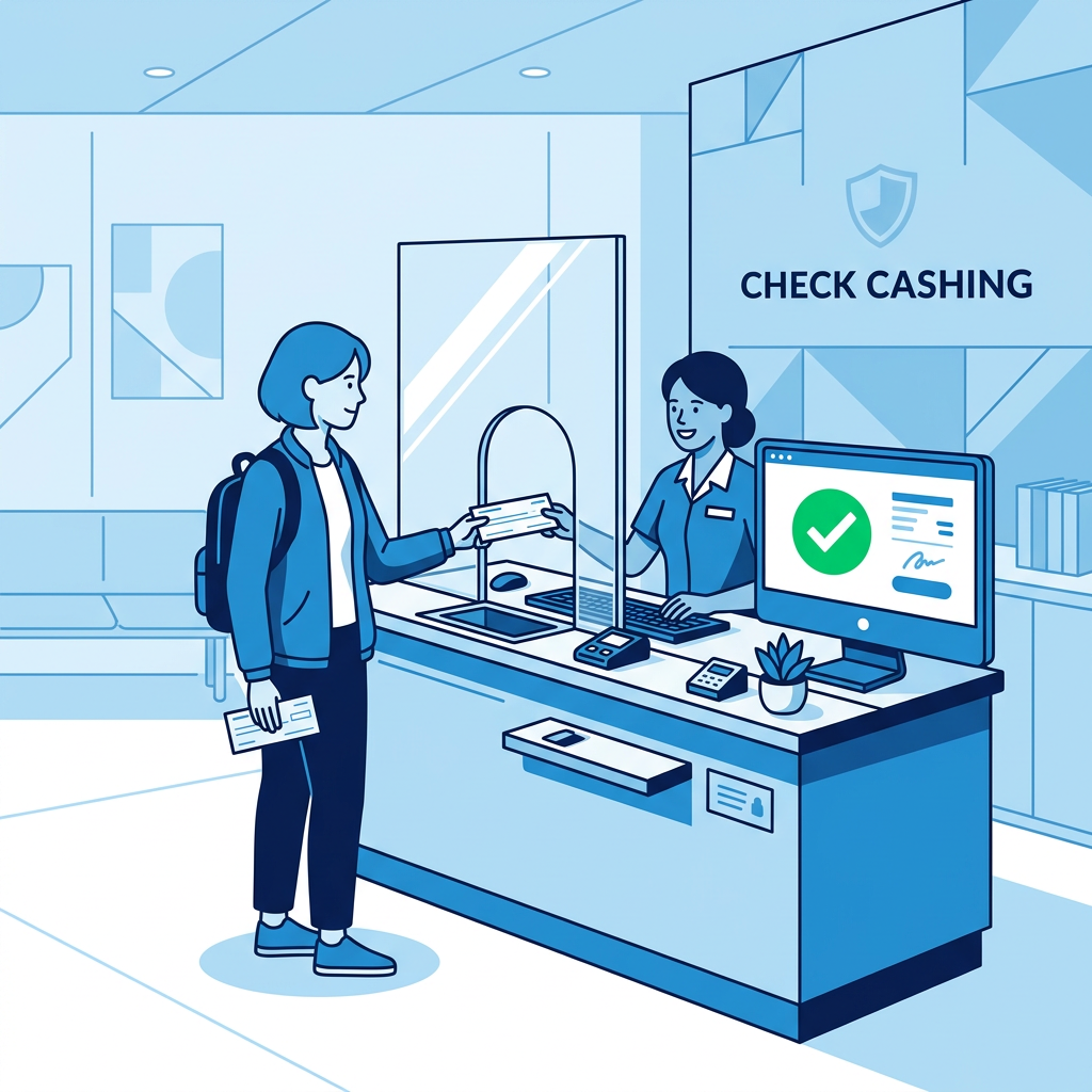 Illustration of a check cashing store counter where a clerk verifies a customer's check