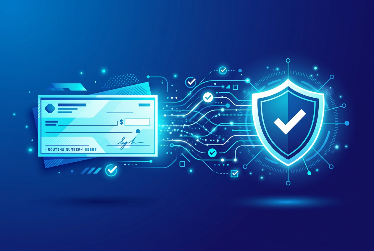 Illustration of a paper check and an electronic ACH transfer both passing through Check EFI verification