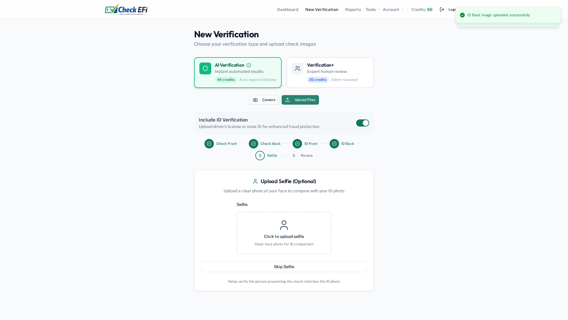 Check EFI identity verification step with upload slots for the front and back of a driver's license and a selfie
