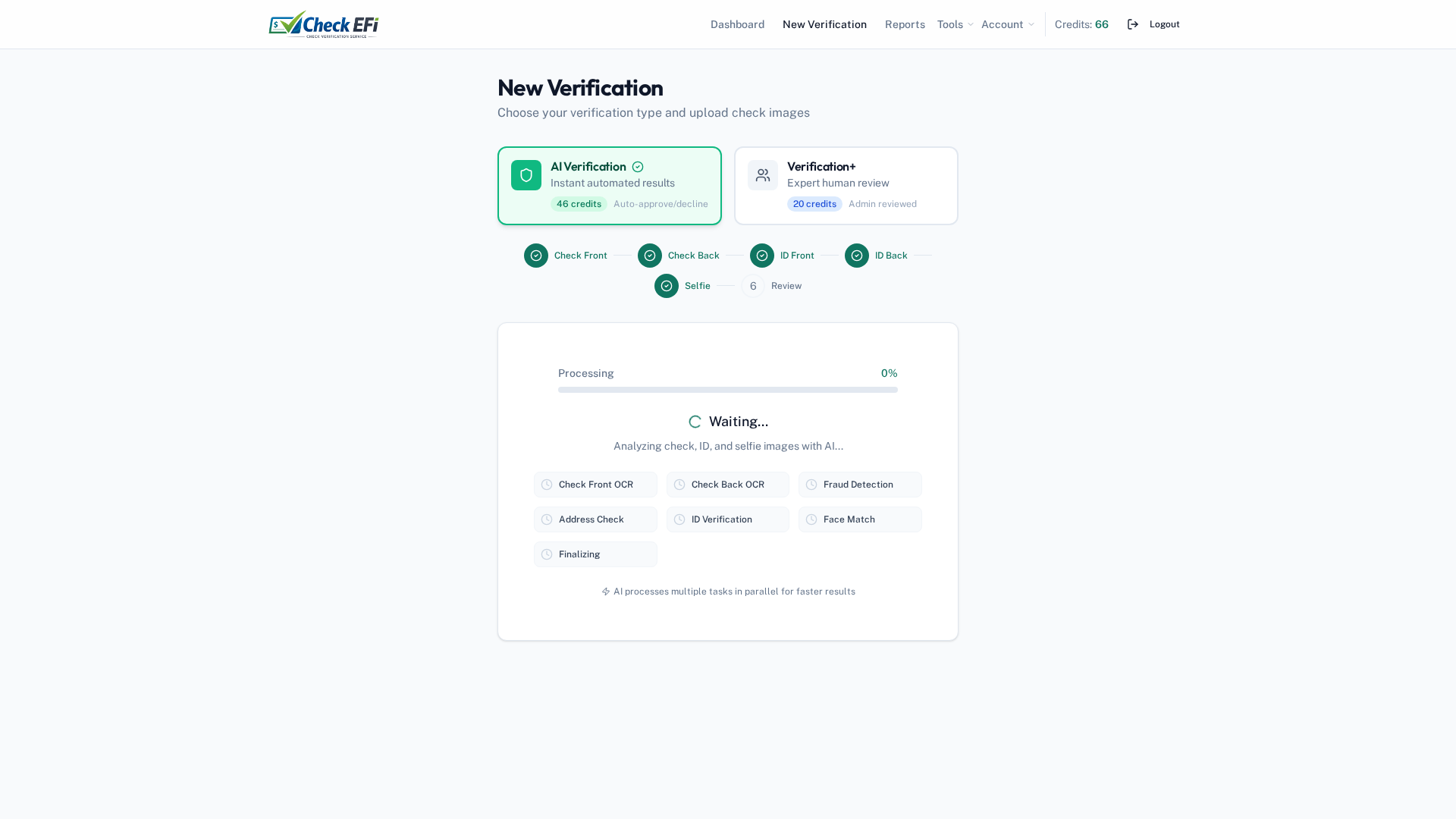 Check EFI verification progress screen showing OCR, routing validation, fraud analysis and OFAC screening steps completing