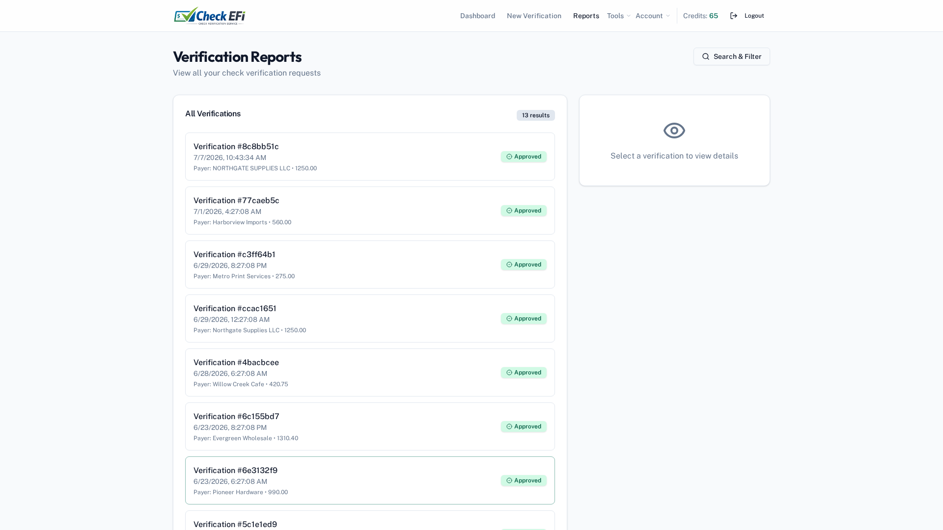 Check EFI reports list showing verification history with status, fraud score and amount for each check