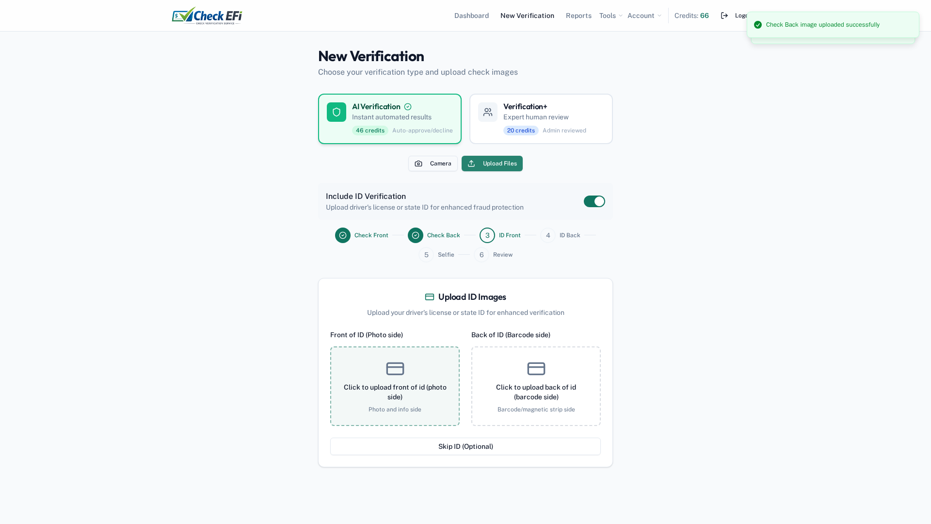 Check EFI upload screen with drag-and-drop areas for the front and back of a check